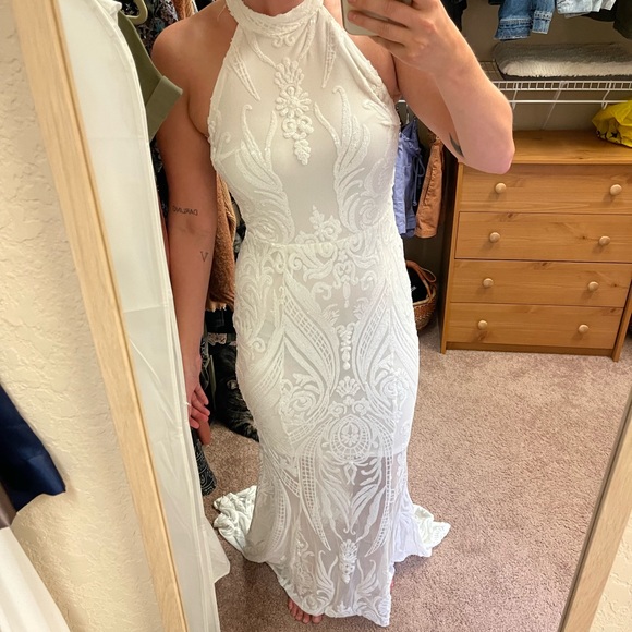 club london Dresses White Mesh Sequin Formal Maxi Dress Mermaid